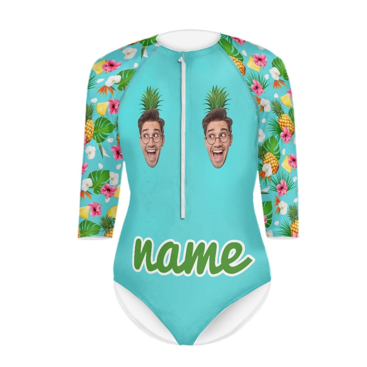 Custom Face&amp;Name Pineapple Half Sleeve One Piece Swimsuit Personalized Face Pineapple Green Half Sleeve Bikini