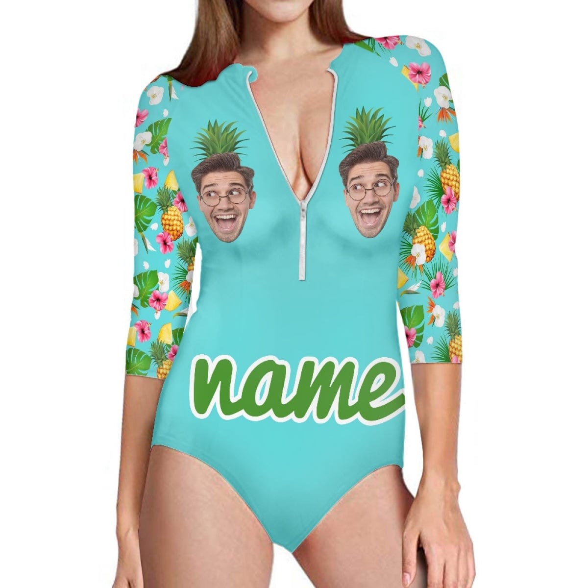 Custom Face&amp;Name Pineapple Half Sleeve One Piece Swimsuit Personalized Face Pineapple Green Half Sleeve Bikini