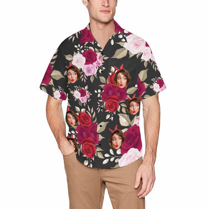 Custom Face Roses Hawaiian Shirt With Chest Pocket Personalized Aloha Shirt