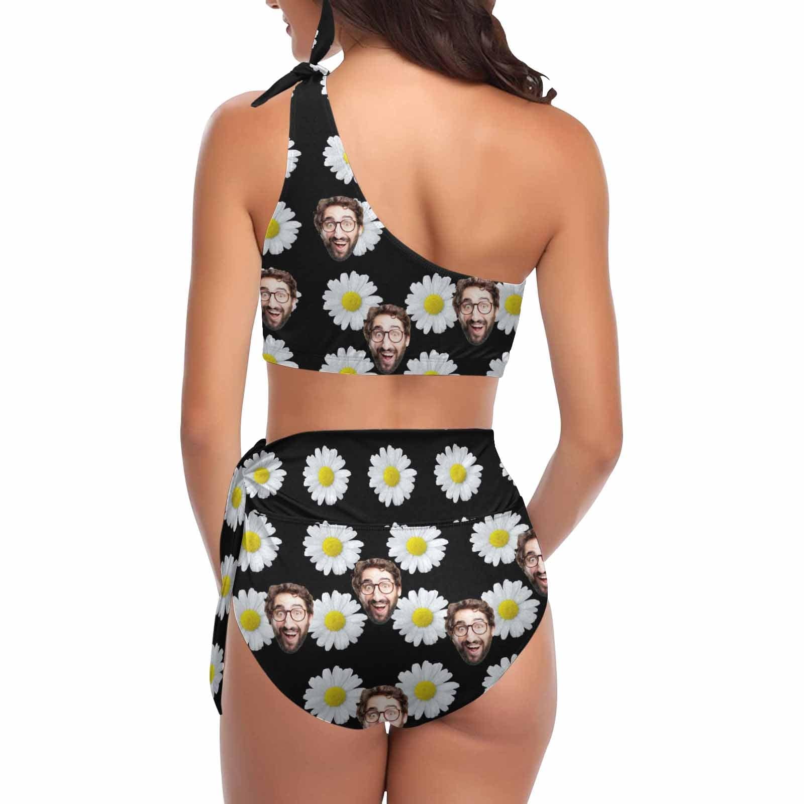 Custom Daisy Face Black One Shoulder High Waisted Bikini Personalized Swimsuit Bathing Suit