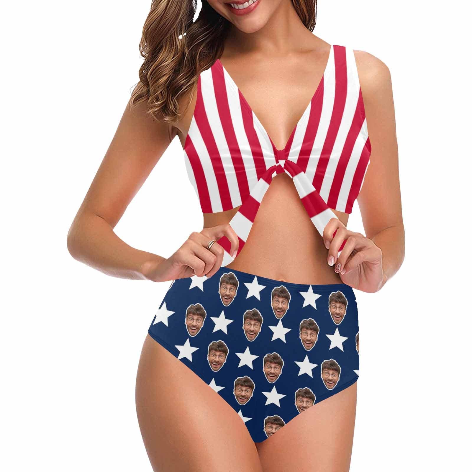 Custom American Flag Face Chest Bowknot High Waist Bikini Swimsuit Personalized Two Piece Swimsuit High Waisted Bathing Suit