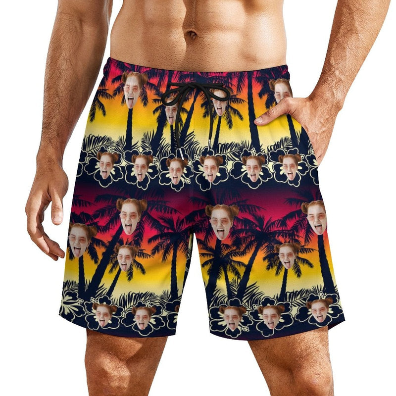 Custom Face Sunset Trees 2 in 1 Quick-Dry Swim Shorts with Pocket Personalized Swim Trunks