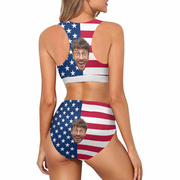 Custom American Flag Face High Cut Crew Neck Sports Bikini Personalized Two Piece Swimwear Beach Pool Outfit