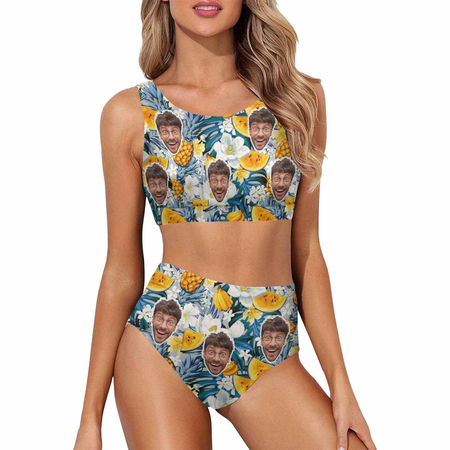 Custom Flower Pineapple Face High Cut Crew Neck Sports Bikini Personalized Two Piece Swimwear Beach Pool Outfit