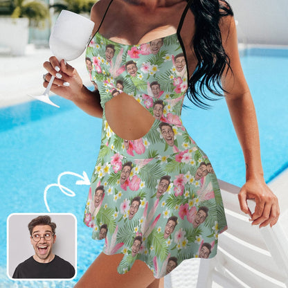 Personalized Face Swimsuit Dress Custom Face Green Leaves&amp;Pink Flower Women&