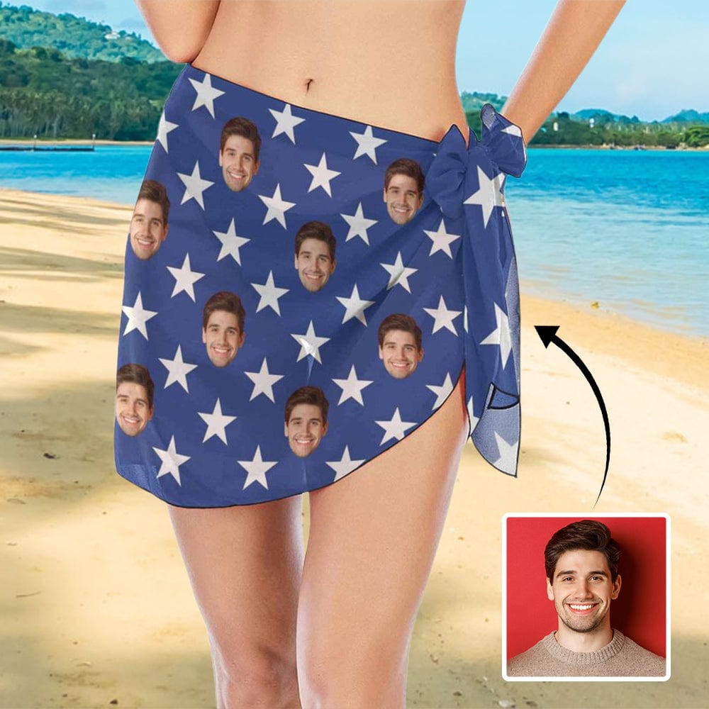 Custom Blue Stars Face Bikini Coverup Personalized Sarongs Beach Wrap