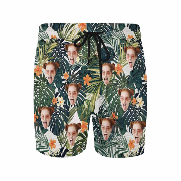 Custom Dark Leaves Face Drawstring Swim Shorts Personalized Gift for Him