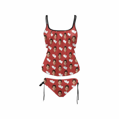 Custom Heart Face Red Tankini Personalized Bikini Top Set Swimwear Two Piece Bathing Suit