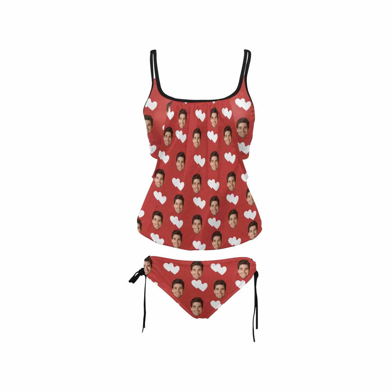 Custom Heart Face Red Tankini Personalized Bikini Top Set Swimwear Two Piece Bathing Suit