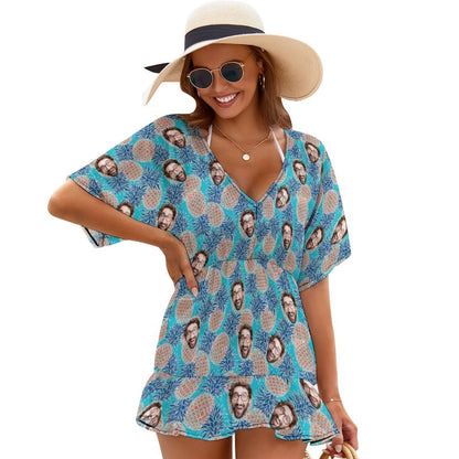 Custom Face Blue Pineapple Cover Up Dress Personalized One Piece Cover Up