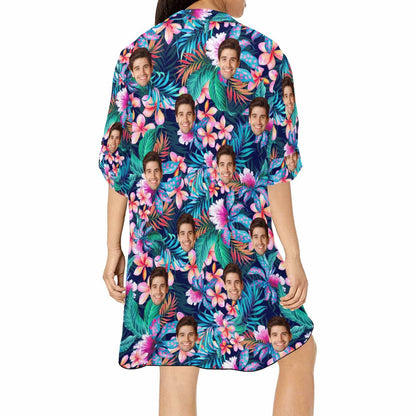 Custom Flower Face Chiffon Shirt Dress Cover Up Personalized V-Neck Bikini Beach Tunic Top