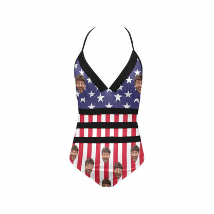 Custom American Flag Face Lace Sling One Piece Swimsuit Personalized Beach Pool Outfit Honeymoons Party