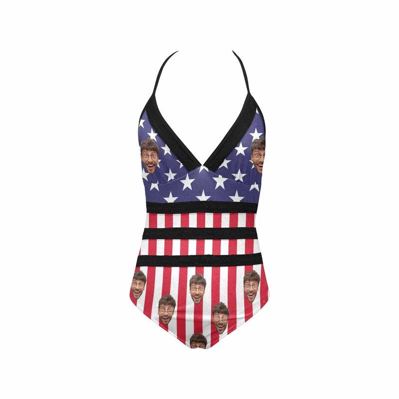 Plus Size Custom American Flag Face Sling One Piece Swimsuit Personalized Beach Pool Outfit Honeymoons Party