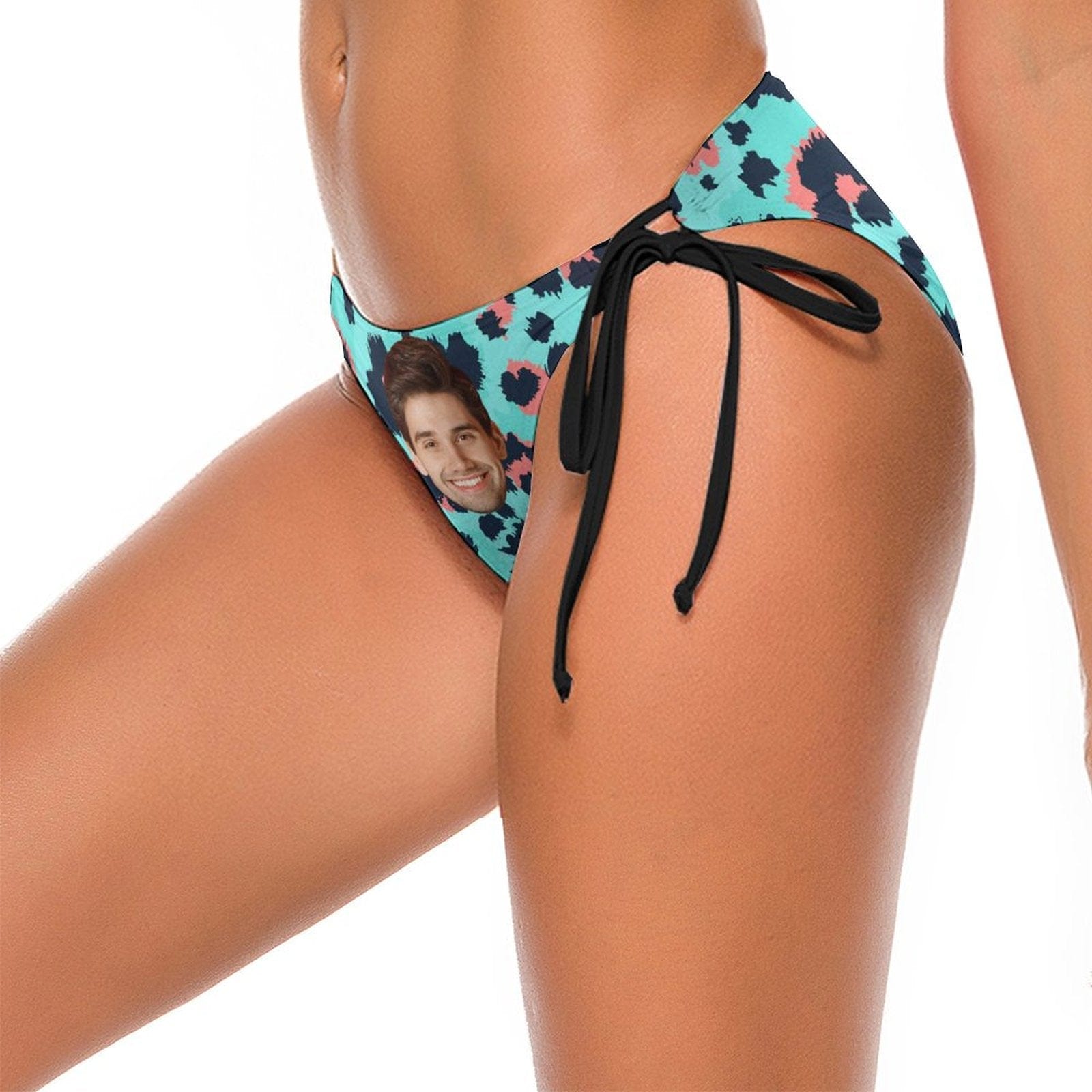 Custom Blue Leopard Face Halter Bikini Bottom Personalized Bikini Swimsuit Bottom