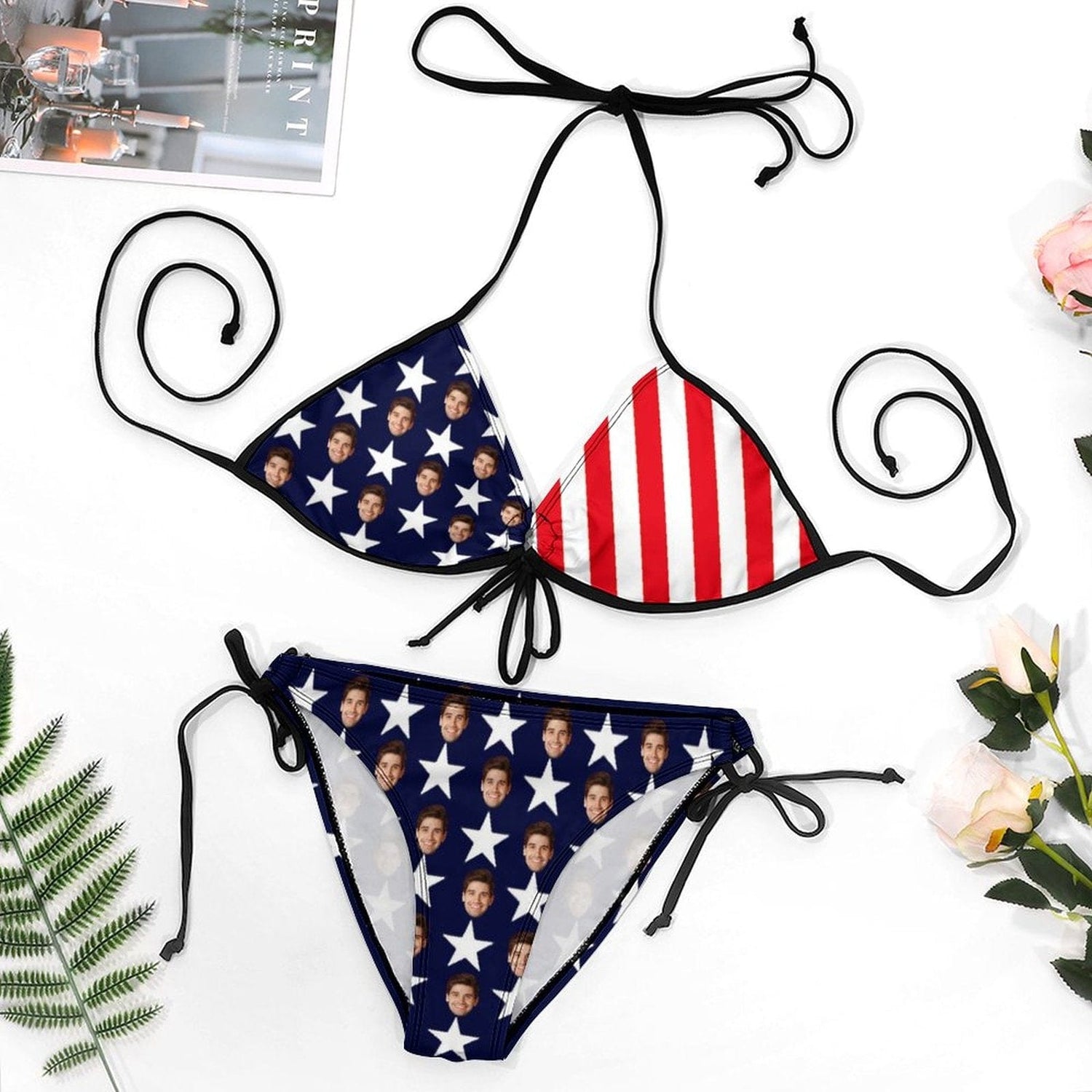 Plus Size Custom American Flag Face Halter Strings Triangle Bikini Personalized Two Piece Swimsuit