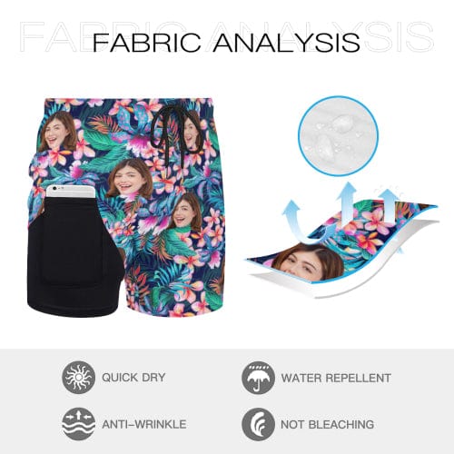 Custom Face Dark Flowers 2 in 1 Quick-Dry Swim Shorts with Pocket Personalized Swim Trunks