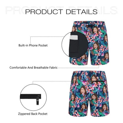 Custom Face Dark Flowers 2 in 1 Quick-Dry Swim Shorts with Pocket Personalized Swim Trunks