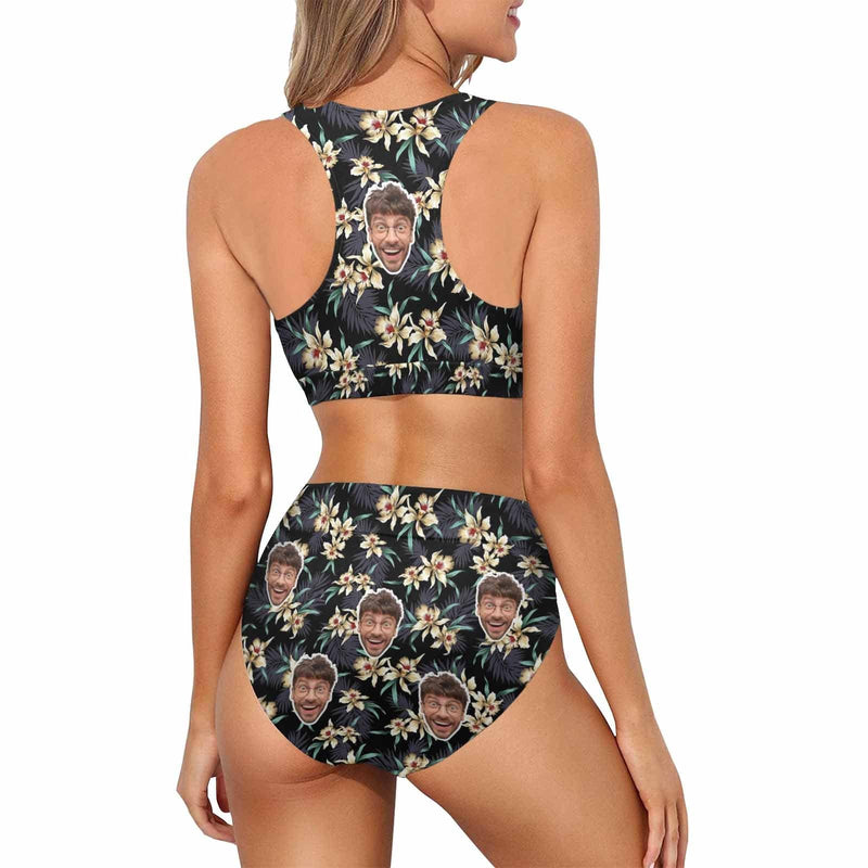 Custom Flower Face Dark High Cut Crew Neck Sports Bikini Personalized Two Piece Swimwear Beach Pool Outfit