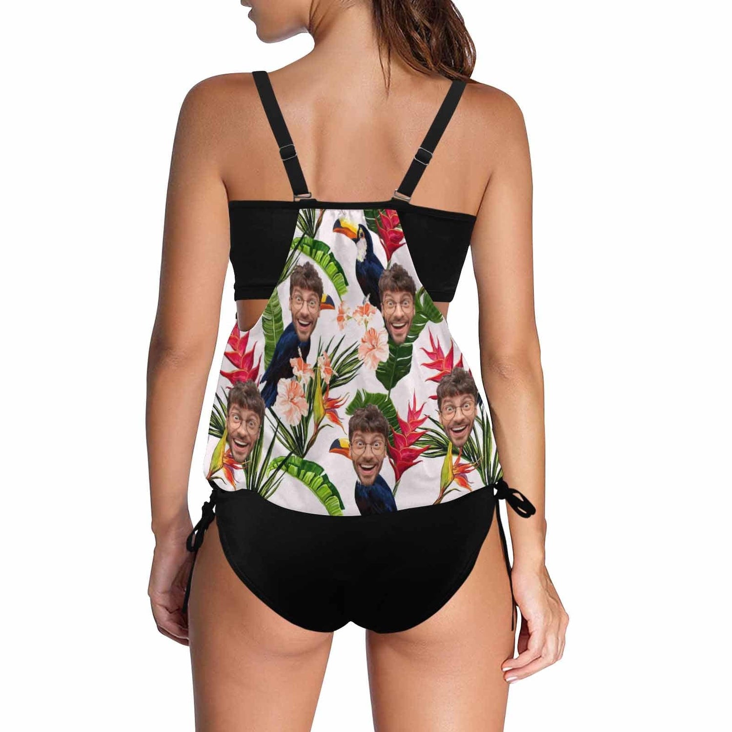 Custom White Flower&amp;Leaves Face Tankini Bathing Suit Personalized Two Piece Swimsuit