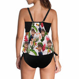 Custom White Flower&Leaves Face Tankini Bathing Suit Personalized Two Piece Swimsuit