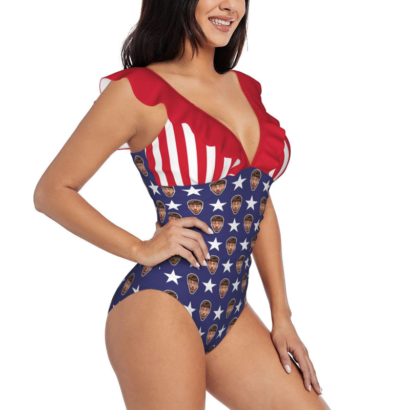 Custom American Flag Face V-Neck Ruffle SwimSuit Personalized One Piece Swimsuit Bathing Suit Summer Beach Pool Outfits