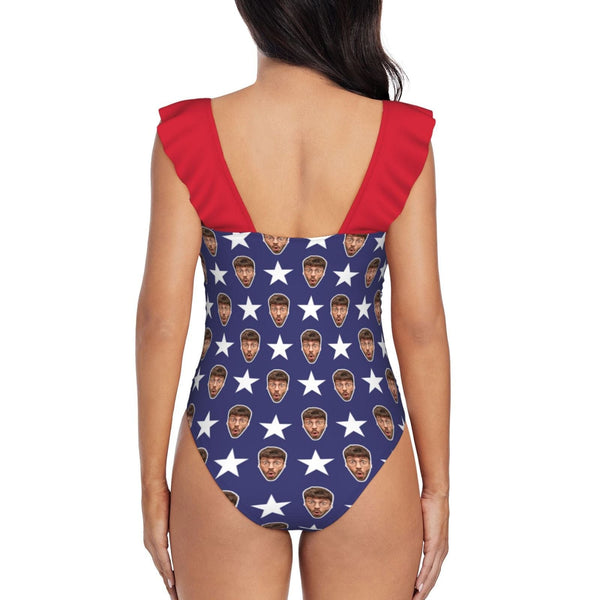 Custom American Flag Face V-Neck Ruffle SwimSuit Personalized One Piece Swimsuit Bathing Suit Summer Beach Pool Outfits