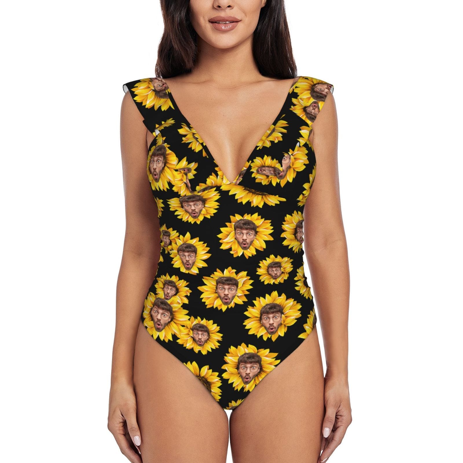 Custom Sunflower Face V-Neck Ruffle SwimSuit Personalized Women&