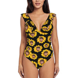 Custom Sunflower Face V-Neck Ruffle SwimSuit Personalized Women'sOne Piece Swimsuit Bathing Suit Summer Beach Pool Outfits