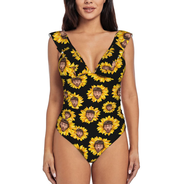 Custom Sunflower Face V-Neck Ruffle SwimSuit Personalized Women'sOne Piece Swimsuit Bathing Suit Summer Beach Pool Outfits