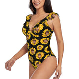 Custom Sunflower Face V-Neck Ruffle SwimSuit Personalized Women'sOne Piece Swimsuit Bathing Suit Summer Beach Pool Outfits