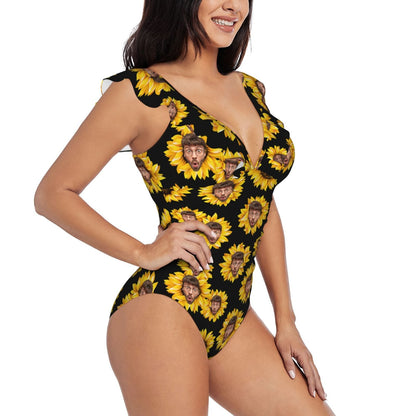 Custom Sunflower Face V-Neck Ruffle SwimSuit Personalized Women&