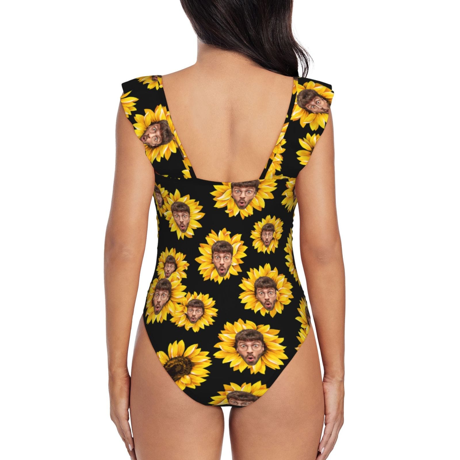 Custom Sunflower Face V-Neck Ruffle SwimSuit Personalized Women&