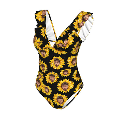 Custom Sunflower Face V-Neck Ruffle SwimSuit Personalized Women&