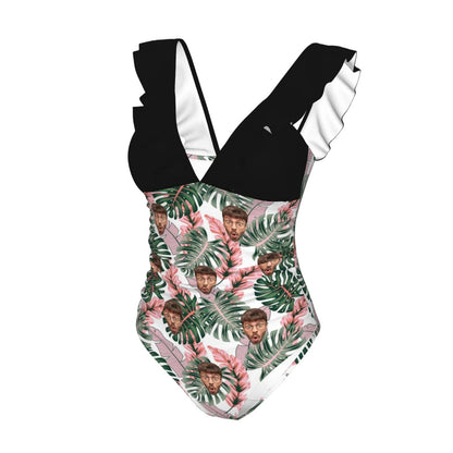 Custom Leaves Face V-Neck Ruffle SwimSuit Personalized One Piece Swimsuit Bathing Suit Summer Beach Pool Outfits