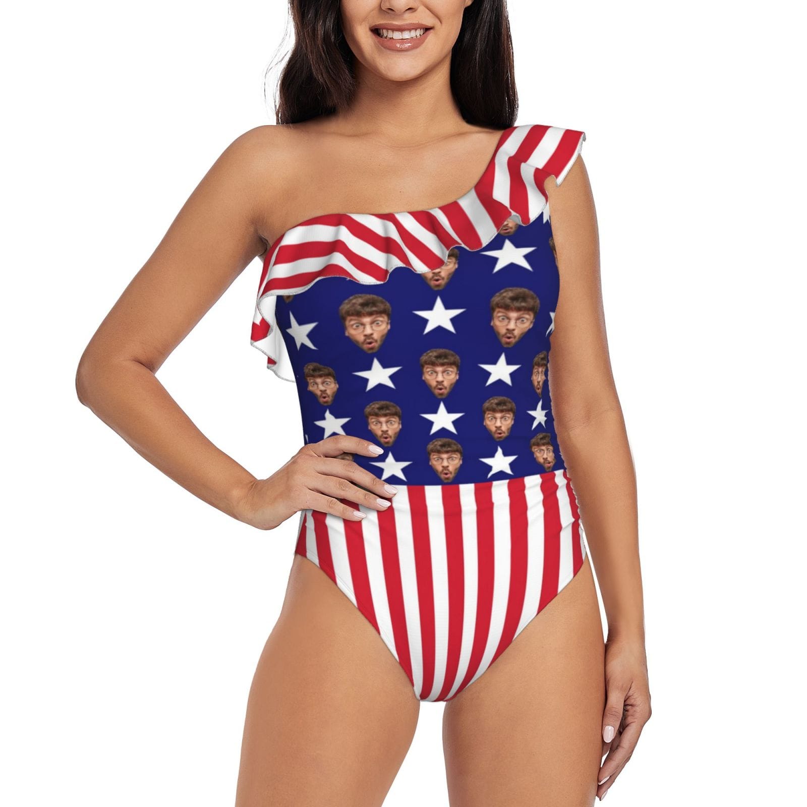 Custom American Flag Shoulder Ruffle SwimSuit Personalized One Piece Swimsuit Bathing Suit Summer Beach Pool Outfits