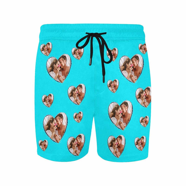 Custom Blue Heart Photo Face Drawstring Swim Shorts Personalized Gift for Him