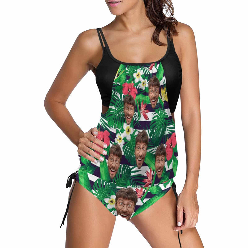 Custom Dark Green Flowers Face Two Piece Tankini Personalized Swimsuit Bathing Suit