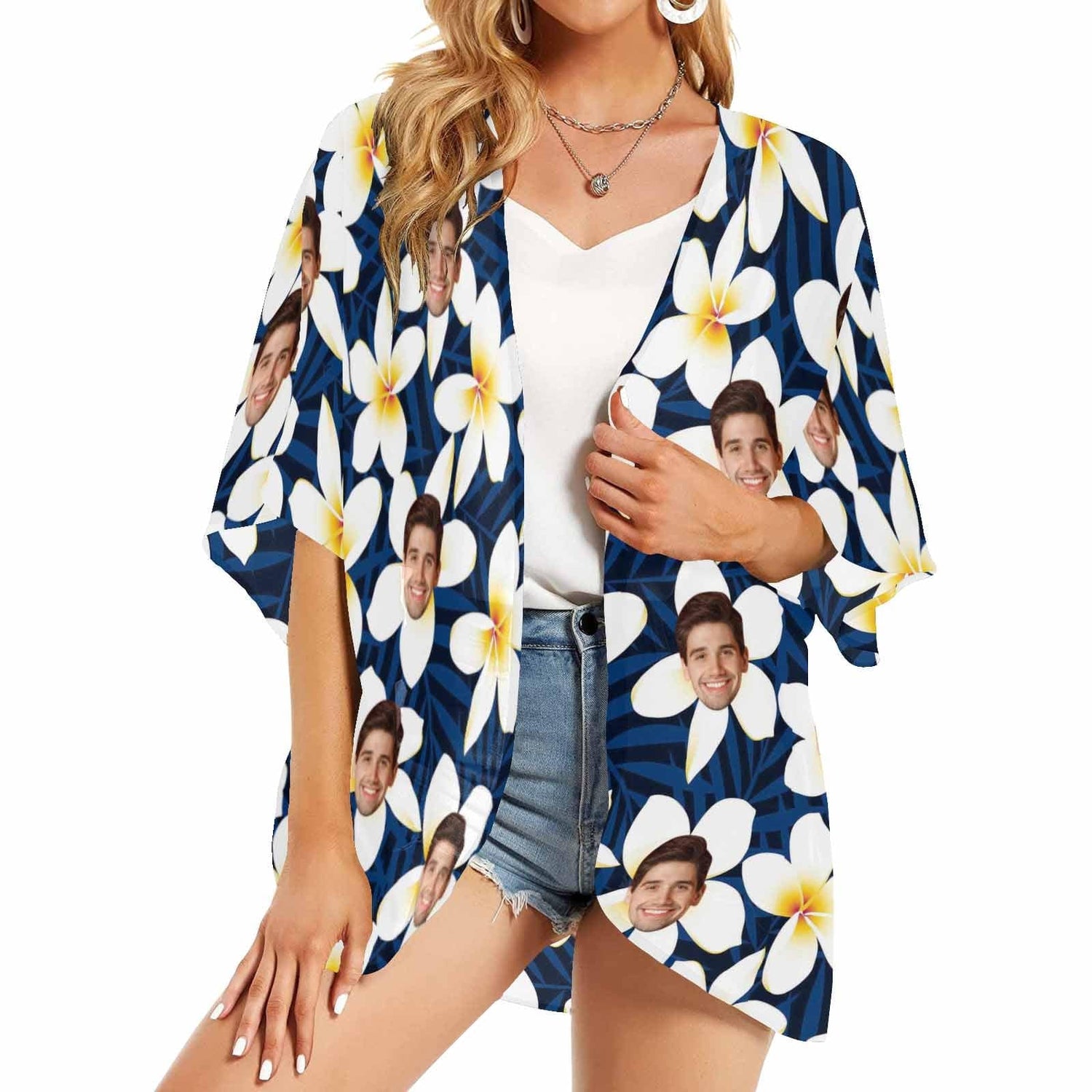 Custom Flower Face One Piece Bikini Cover Up Personalized Kimono Chiffon Cover Up