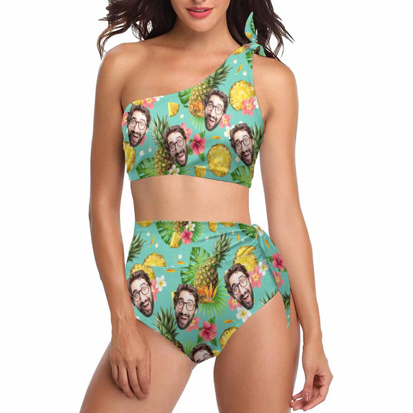 Custom Pineapple Face One Shoulder High Waisted Bikini Personalized Swimsuit Bathing Suit