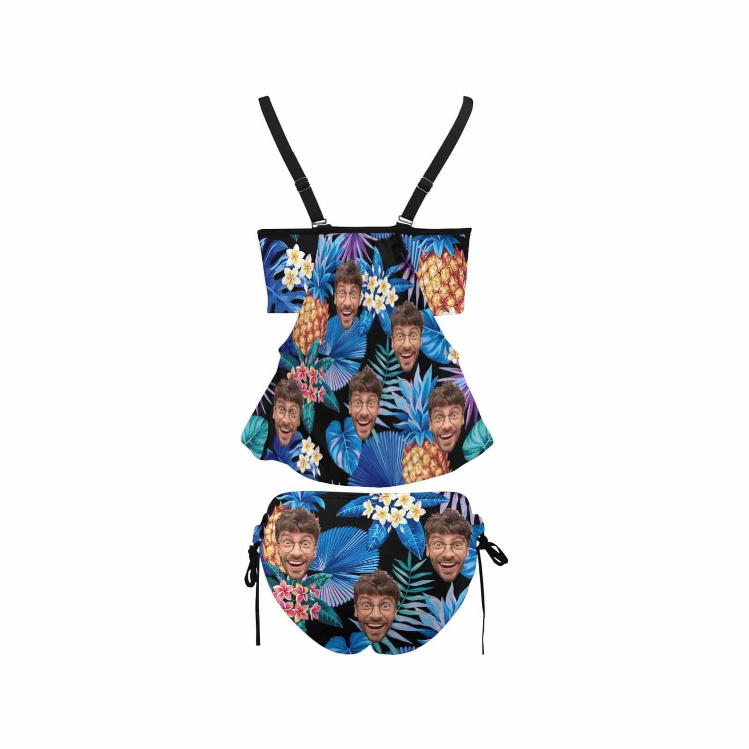 Custom Blue Leaves Face Tankini Bathing Suit Personalized Two Piece Swimsuit