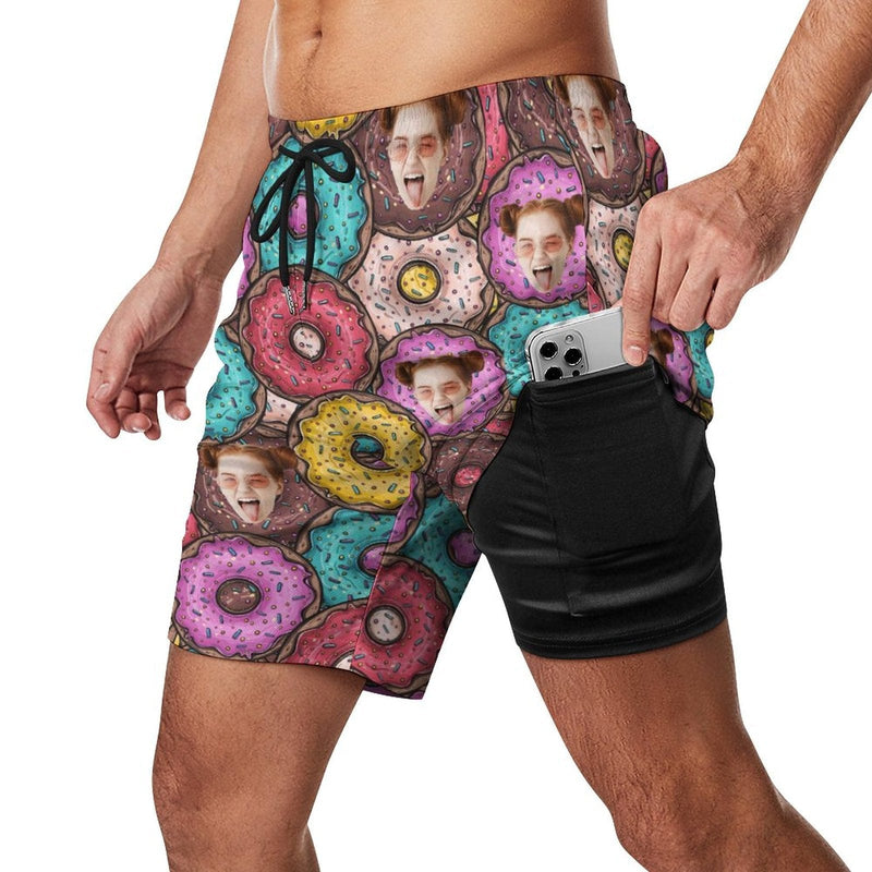 Custom Face Doughnut 2 in 1 Quick-Dry Swim Shorts with Pocket Personalized Swim Trunks