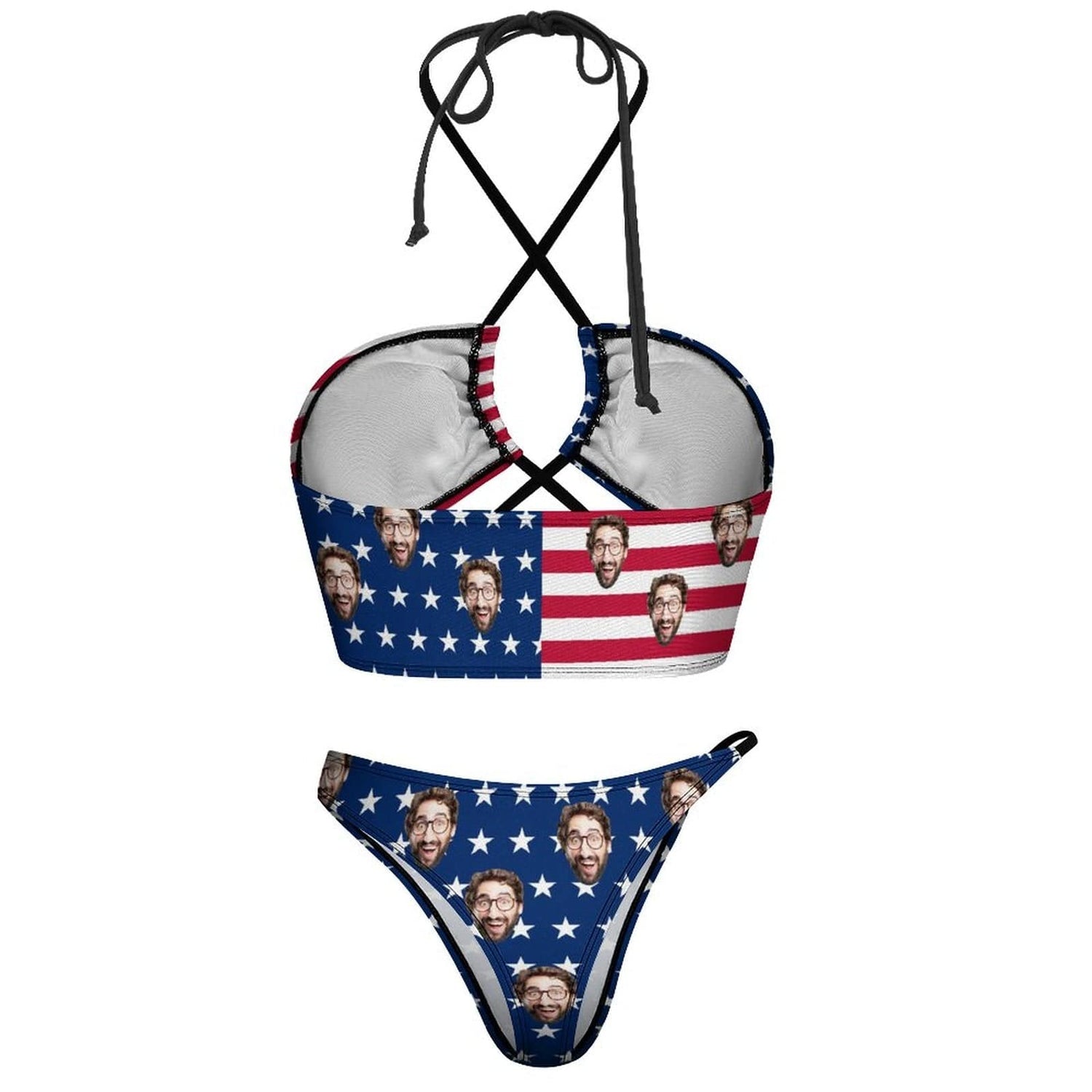 Custom American Flag Face Neckline Cutout Criss Cross Bikini Personalized Swimsuit Bathing Suit