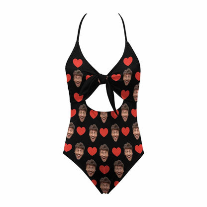 Custom Heart Face Black Backless Bow One Piece Swimsuit Personalized Beach Pool Outfit