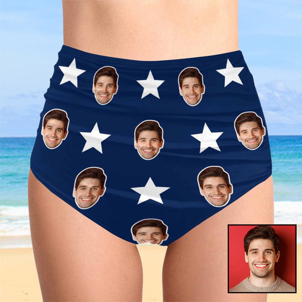 Custom Stars Face Blue High-Waisted Bikini Bottom Personalized Swimwear Bottom