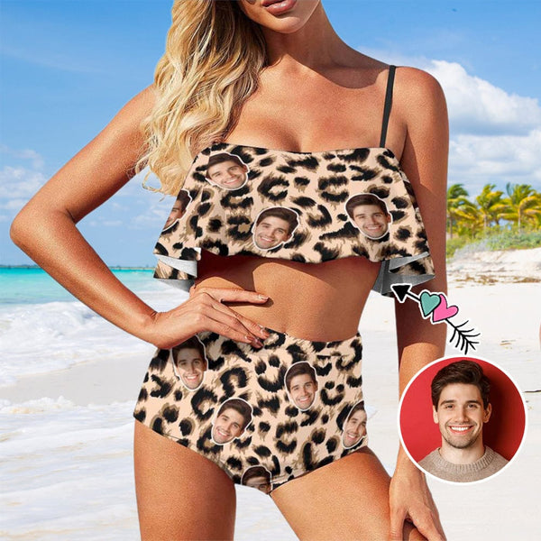 Custom Leopard Face Ruffle Bikini Personalized Bathing Suit High Waisted Bikini Swimsuit Two Piece Summer Beach Pool Outfits
