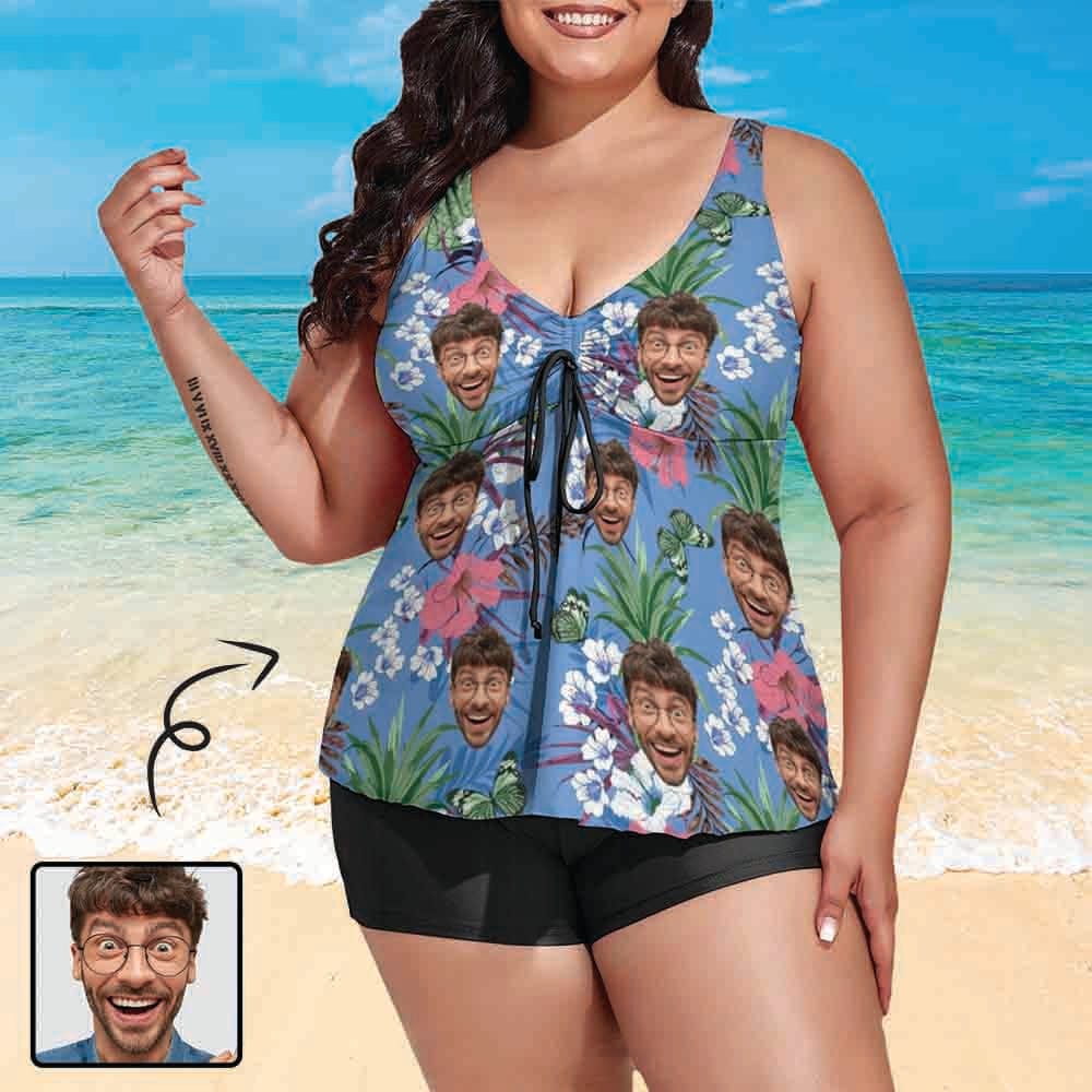 Plus Size Custom Blue Flower Face Tankini Bathing Suit Personalized Two Piece Swimsuit