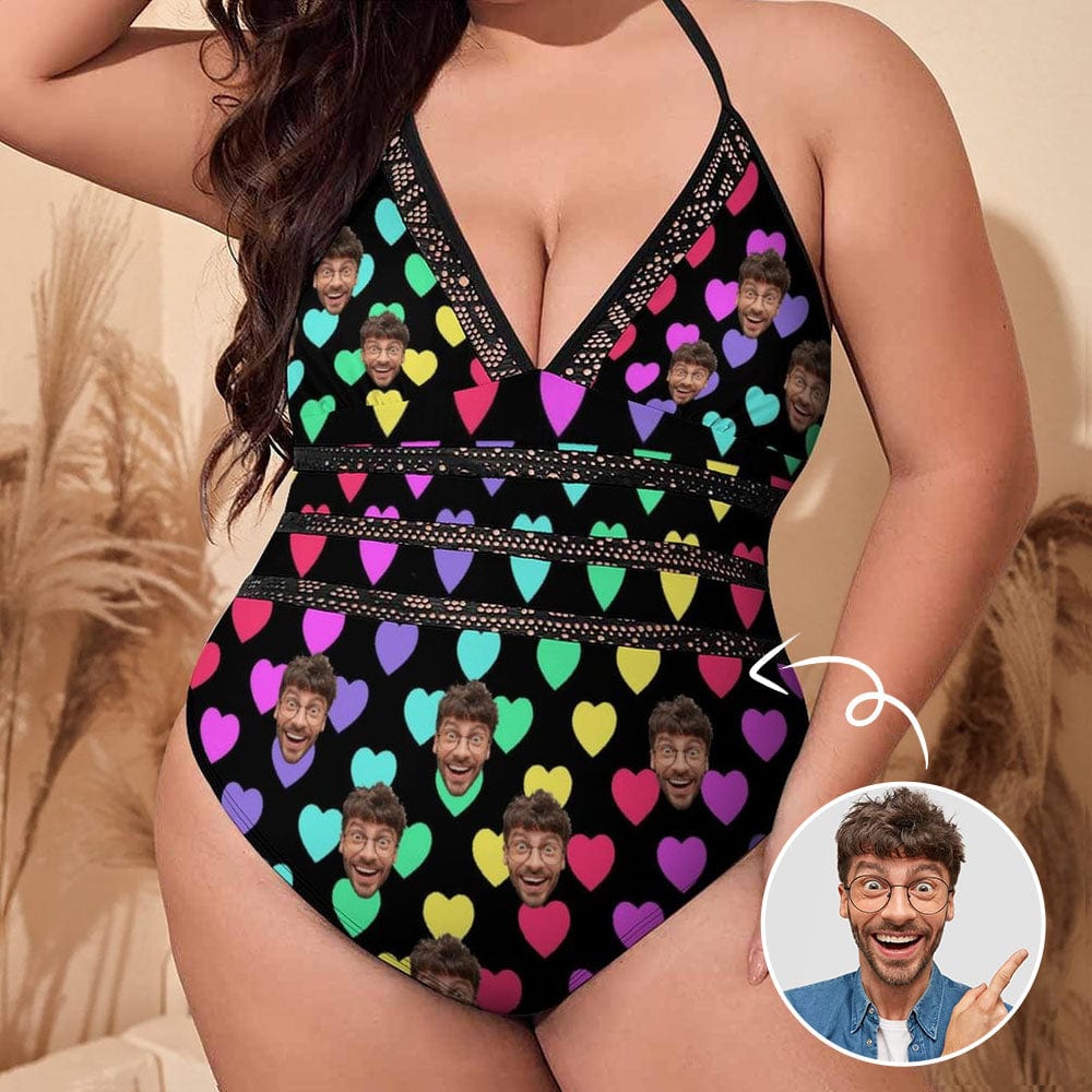 Plus Size Custom Colorful Heart Face Black Sling One Piece Swimsuit Personalized Beach Pool Outfit Honeymoons Party