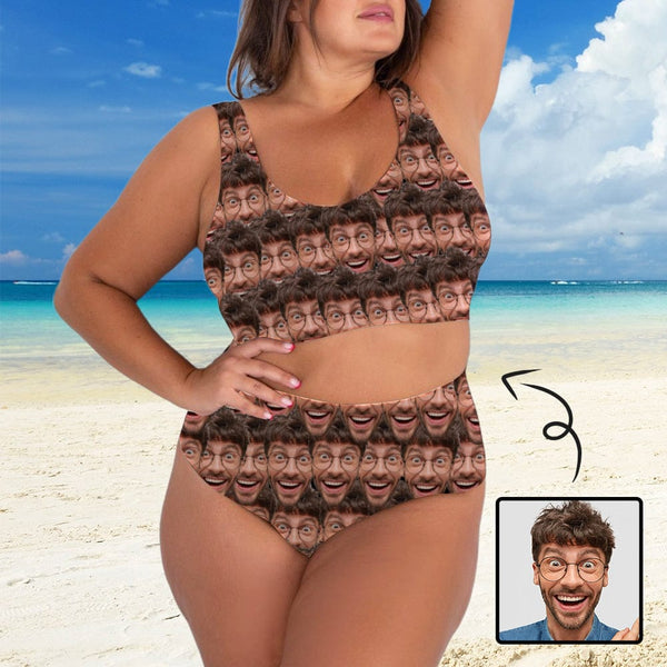 Plus Size Custom Seamless Face Low Cut Crew Neck Sports Bikini Personalized Two Piece Swimwear Beach Pool Outfit
