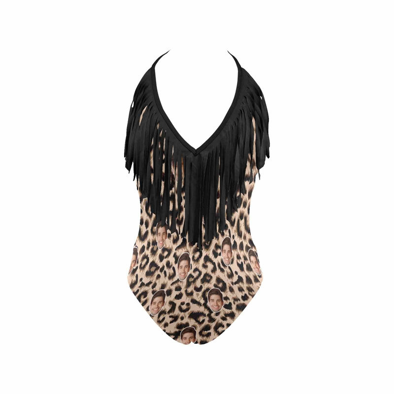 Custom Leopard Face Fringe One Piece Swimsuit Personalized Beach Pool Outfit