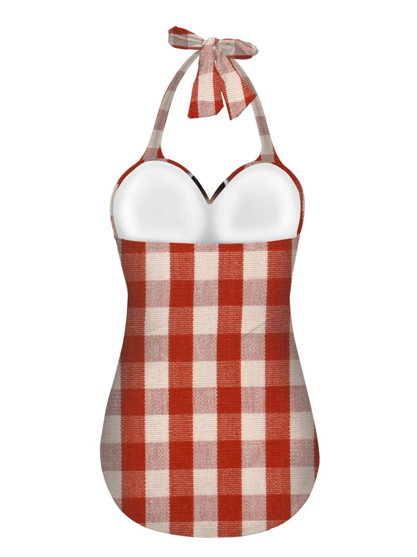 Custom Face In Zipper Red and White Stripes Strap One-piece Retro Bikini Swimsuit